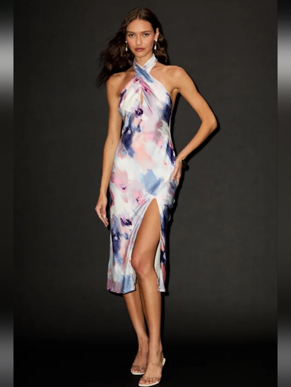Lulus Beyond Classy Blue Multi Abstract Print Satin Halter Midi Dress